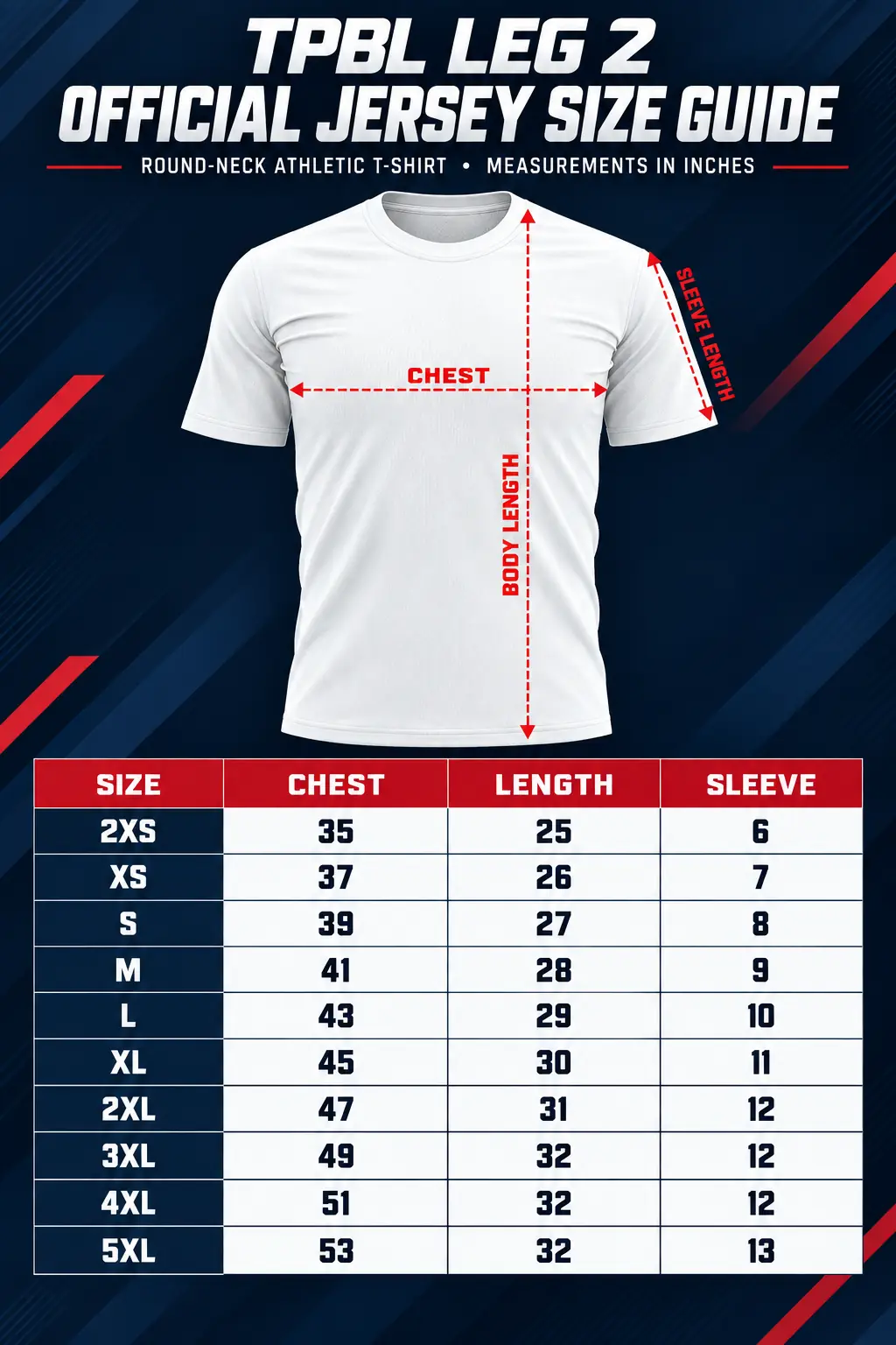 TPBL Leg 2 Official Jersey round-neck size chart in inches