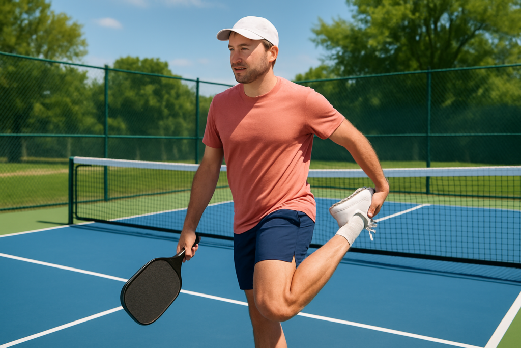 Pickleball player warming up with leg stretches on court