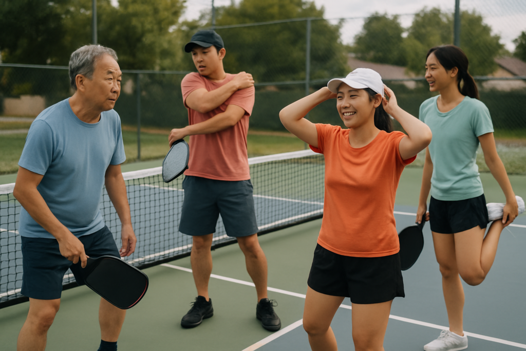 Filipino pickleball players warming up before a match on a local court