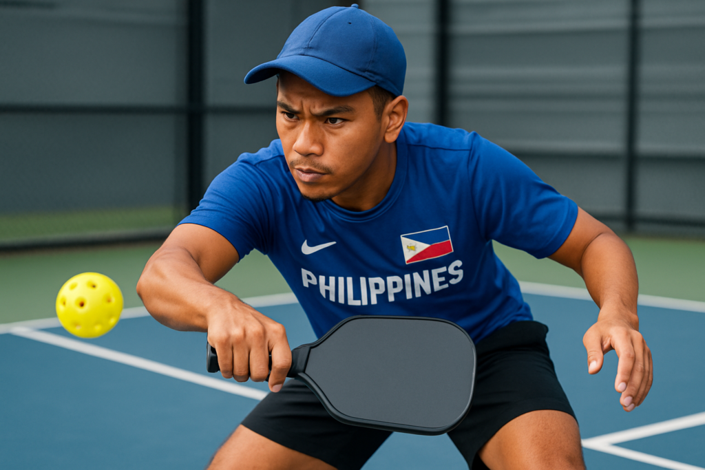 Close-up of a Filipino player performing a dink shot in pickleball