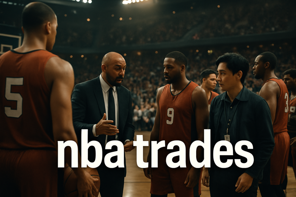 NBA trade deadline day with players and team staff discussing trades in a professional arena