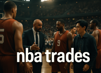 Latest NBA Trades Buzz: Draft Shake-Ups and LaMelo Ball’s Trade Analysis NBA trade deadline day with players and team staff discussing trades in a professional arena