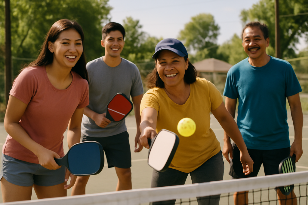 Filipino people playing pickleball outdoors with various paddles in hand