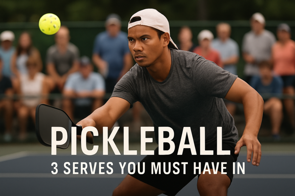 Filipino pickleball player serving on outdoor court with focused expression