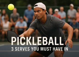 Pickleball: 3 Serves You Must Have in Your Game Filipino pickleball player serving on outdoor court with focused expression