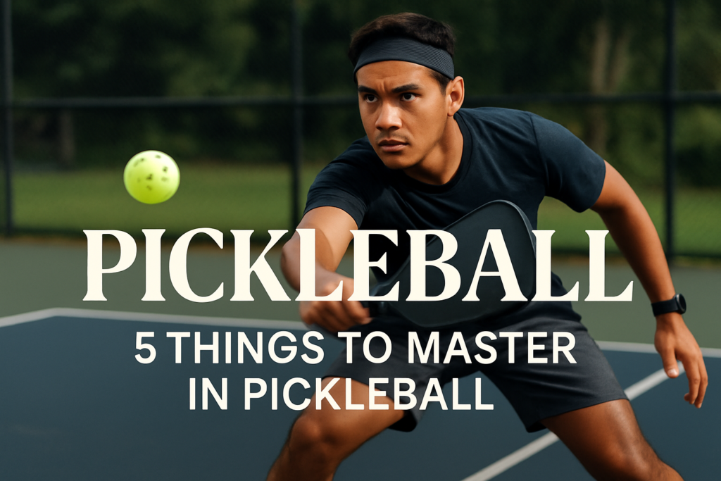 Filipino/Asian pickleball player in action on outdoor court during match