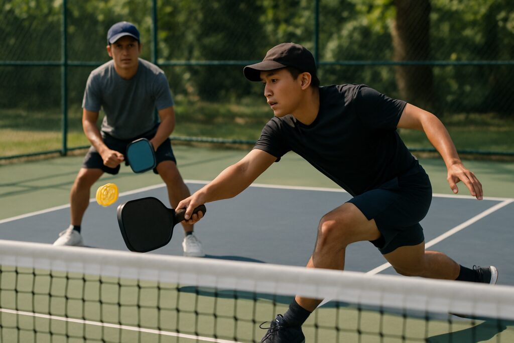 Filipino pickleball players dinking on an outdoor court during a match