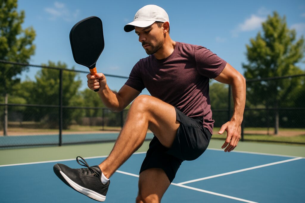 Pickleball player doing leg exercises outdoors in sporty clothing