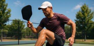 3 Simple Leg Workouts to Improve Your Pickleball Movements Pickleball player doing leg exercises outdoors in sporty clothing