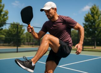 3 Simple Leg Workouts to Improve Your Pickleball Movements Pickleball player doing leg exercises outdoors in sporty clothing