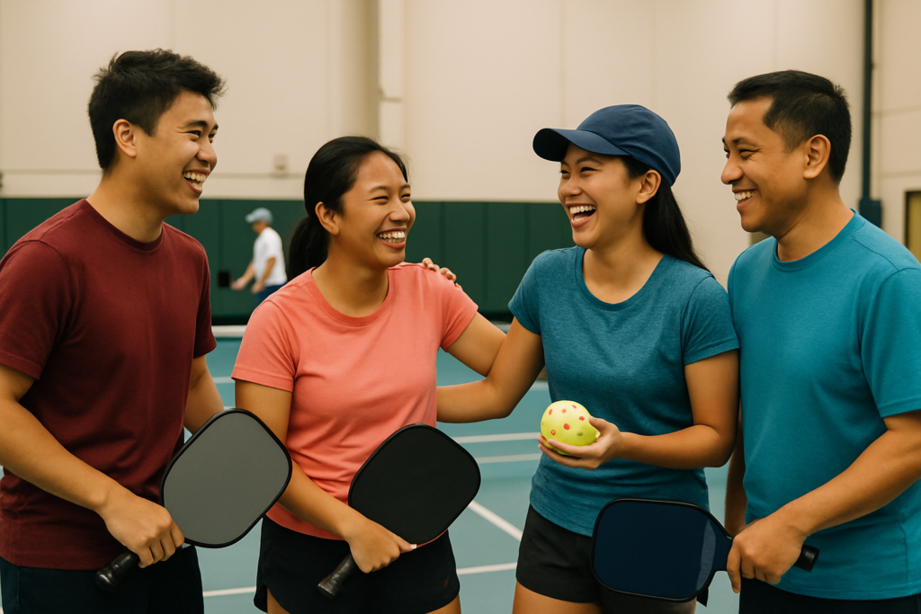 Filipino pickleball players warming up and chatting in an open play session