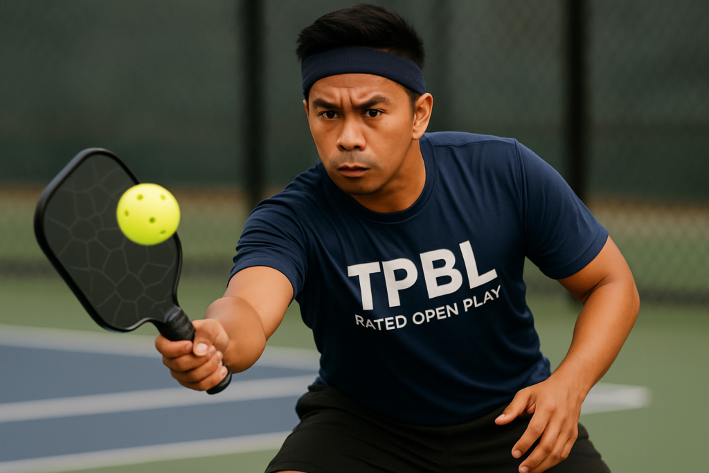 Focused Filipino player hitting a pickleball during an organized open play match