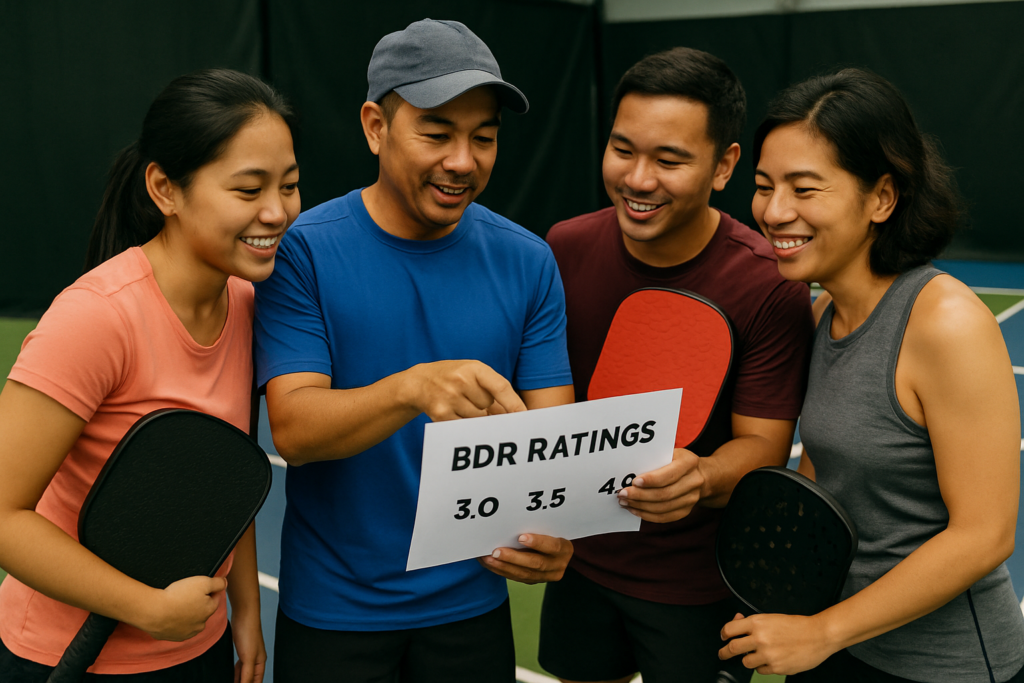 Filipino pickleball players reviewing ratings and strategizing post-match