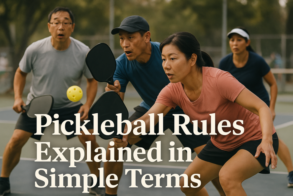 Asian community playing pickleball outdoors on a sunny day